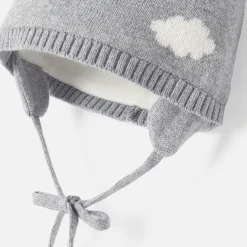 Bonnet bébé garçon à pompon - gris/ecru