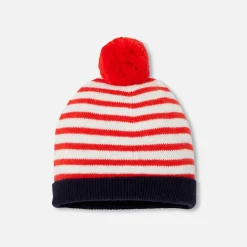 Bonnet bébé garçon à pompon - blanc/rouge