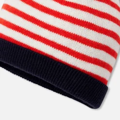 Bonnet bébé garçon à pompon - blanc/rouge