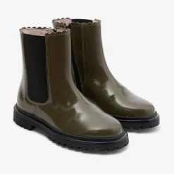 Chelsea boots enfant fille en cuir lisse - kaki