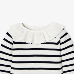 Combinaison bébé fille en point mousse - marine/blanc