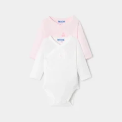 Lot de 2 bodies manches longues bébé fille - rose/blanc