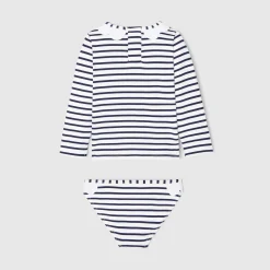 T-shirt de protection UV UPF 40+ et culotte de bain bébé fille - marine/blanc